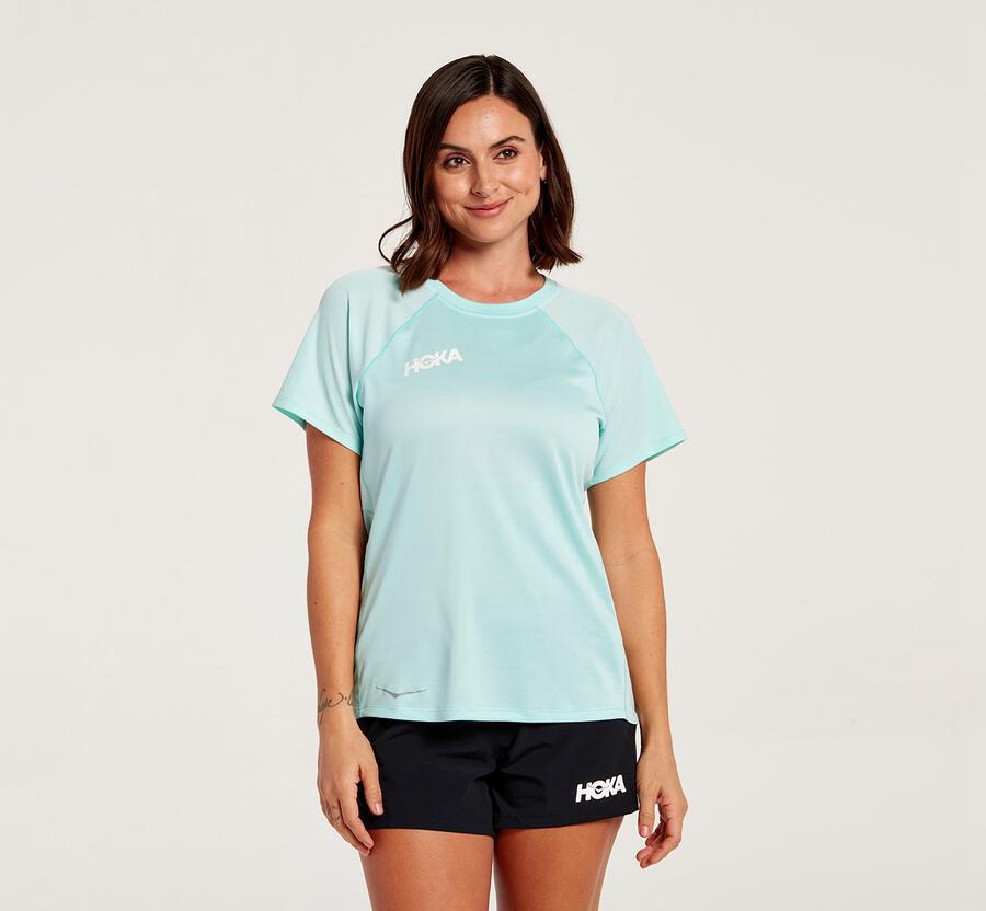 Hoka One One Top Damske Modre - Performance Short Sleeve - 51473-QDNG